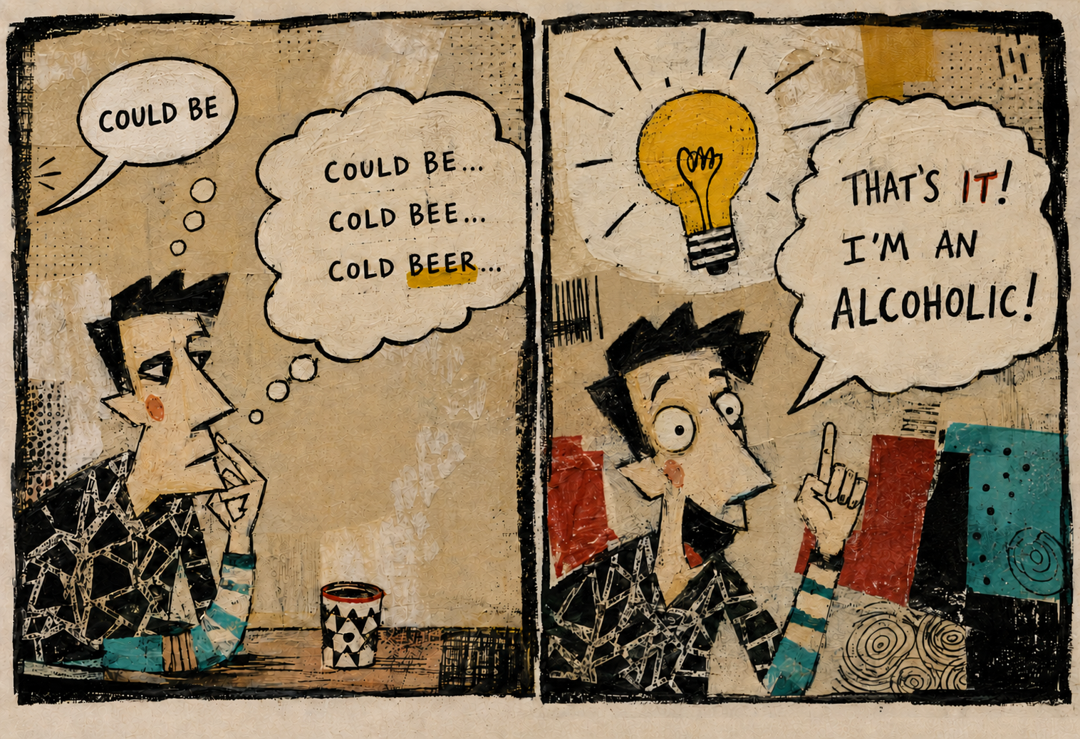Two-panel comic. A man turns the phrase ‘could be’ into ‘cold beer,’ then has a revelation and declares, ‘That’s it! I’m an alcoholic!’