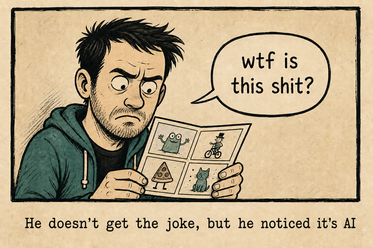 A confused man looks at a comic and says, ‘wtf is this shit?’ A caption underneath reads, ‘He doesn’t get the joke, but he noticed it’s AI.’
