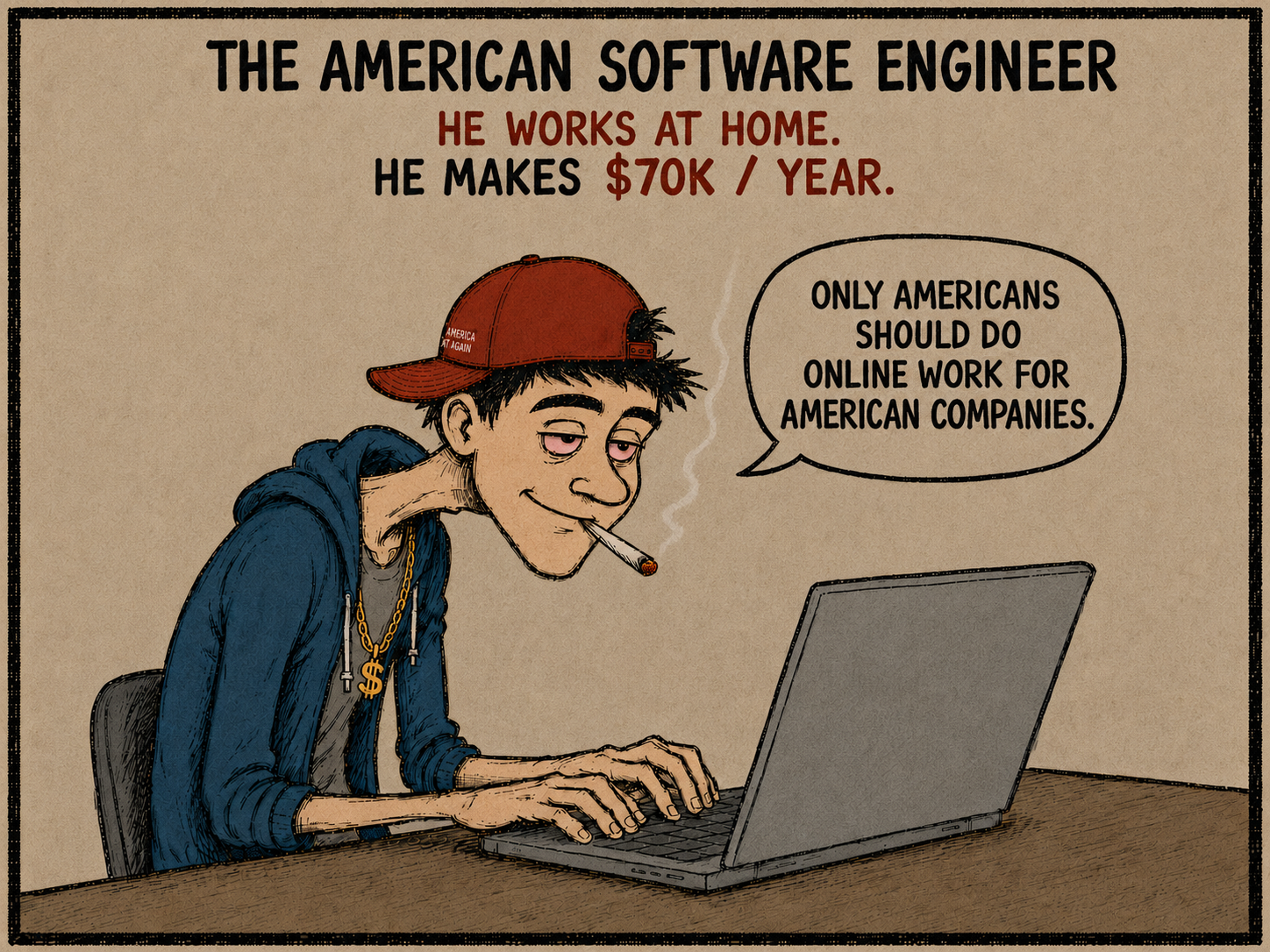 A red-eyed American software engineer wearing a Make America Great Again hat smokes a joint while working from home and declaring that only Americans should do online work for American companies.