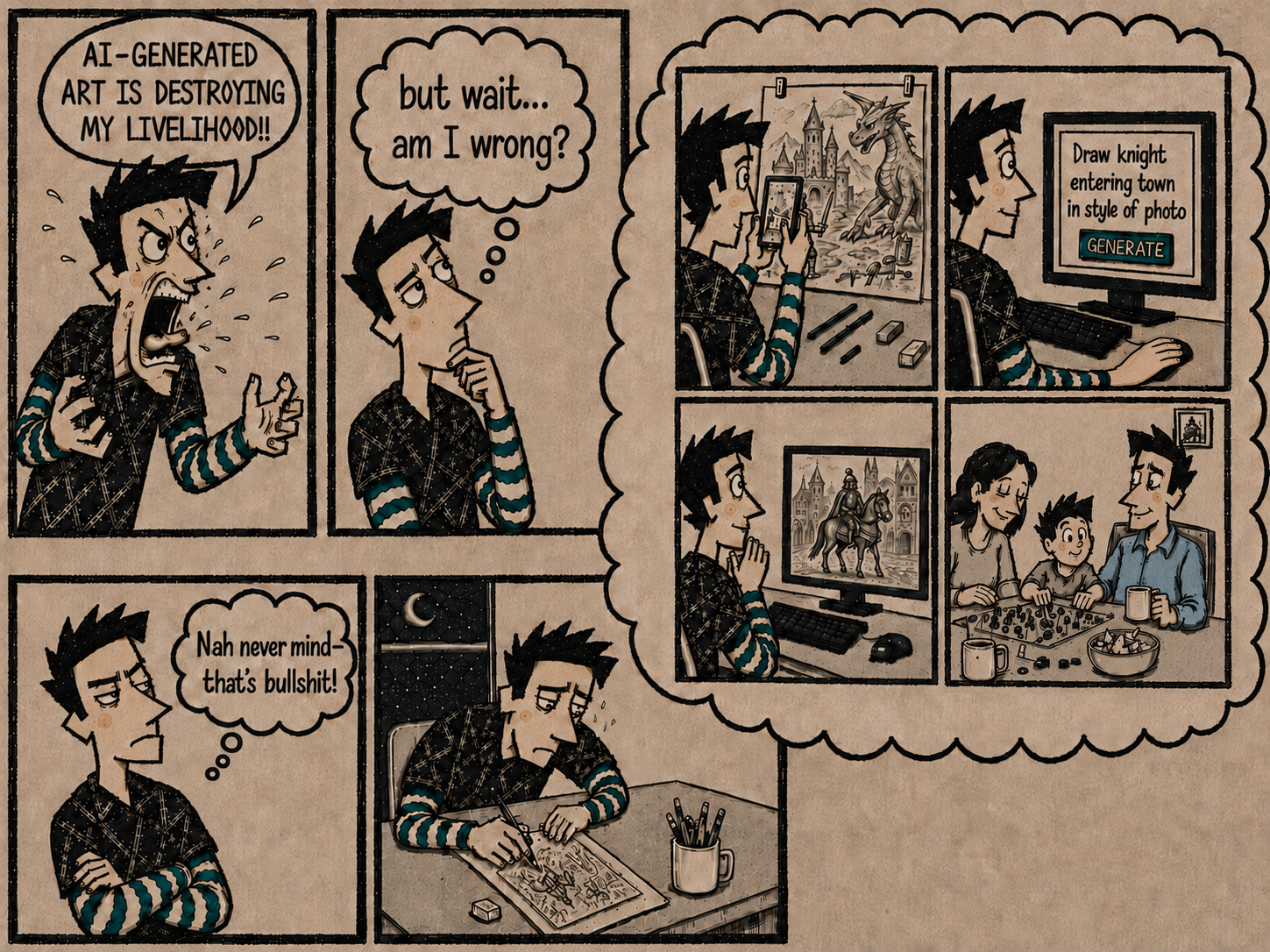 A comic artist condemns AI-generated art, briefly imagines using it to finish work and spend time with family, dismisses the idea as bullshit, then resumes drawing alone late at night.